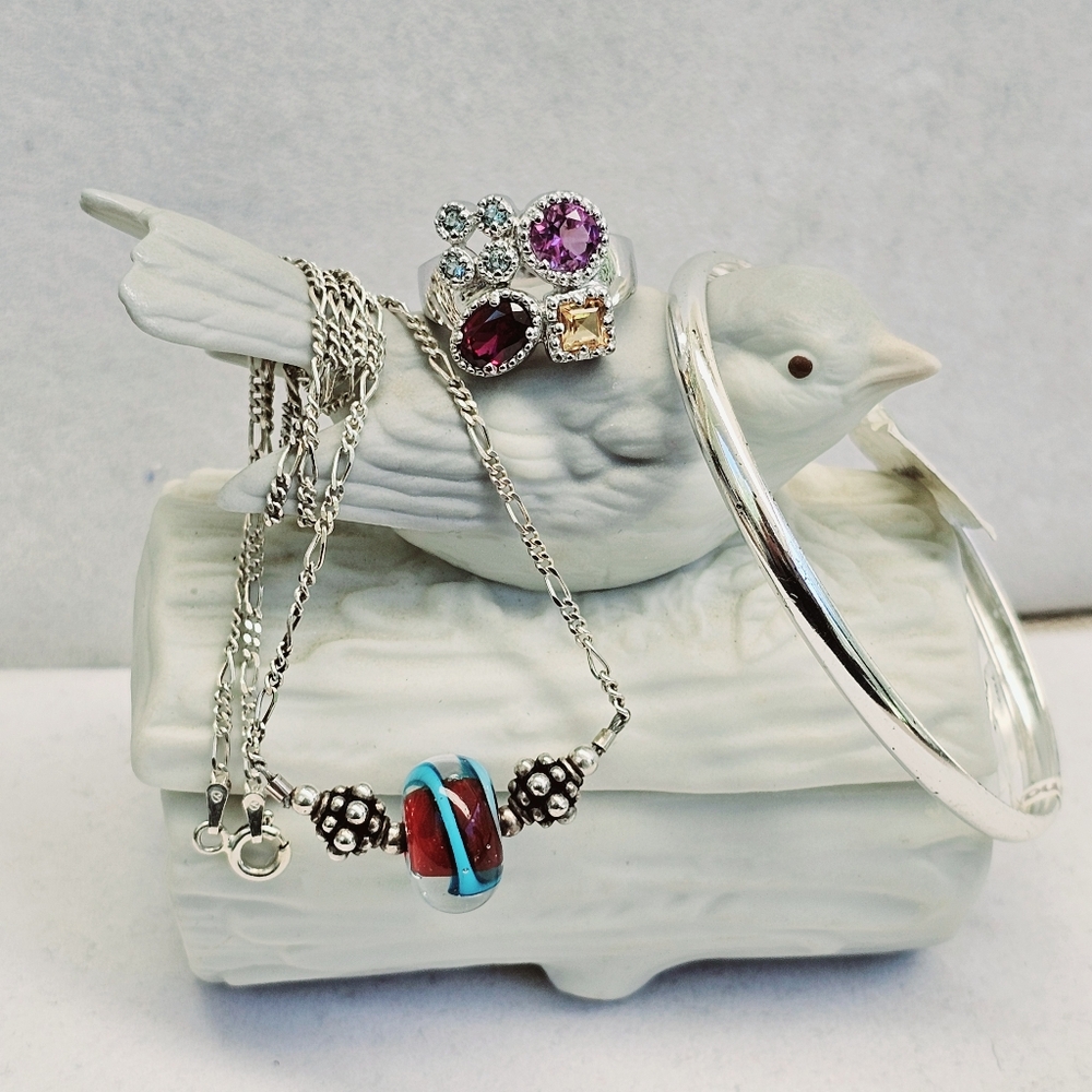 SET! Blown Glass Necklace with 925 Silver Cuff and 925 Ring Size 7